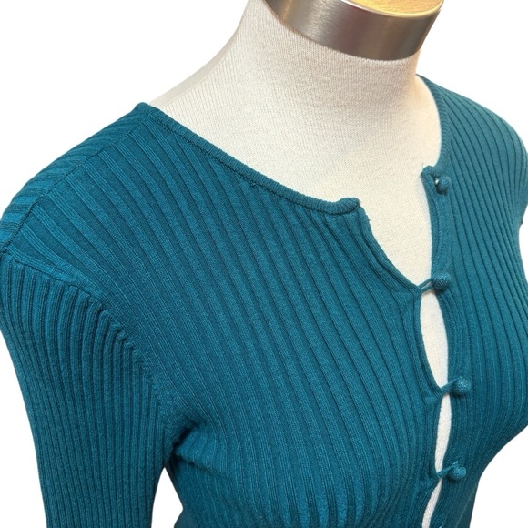 Urban Outfitters Teal Ribbed Cardigan Peyton Fitted Cropped Sz. L - Picture 4 of 10